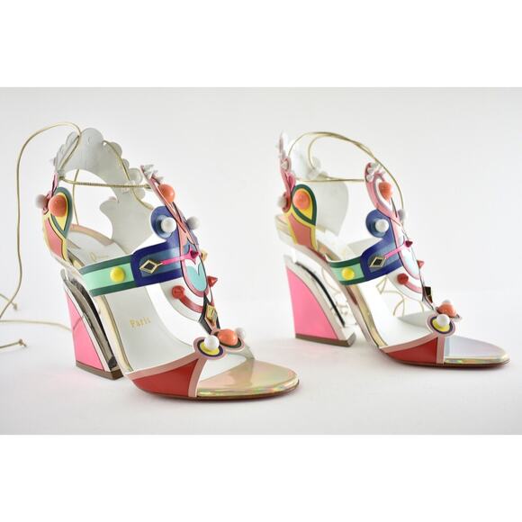 Christian Louboutin Papagaya Levita 100 Multicolor Lace Up Wedge Sandal Heel 37 - Picture 5 of 12